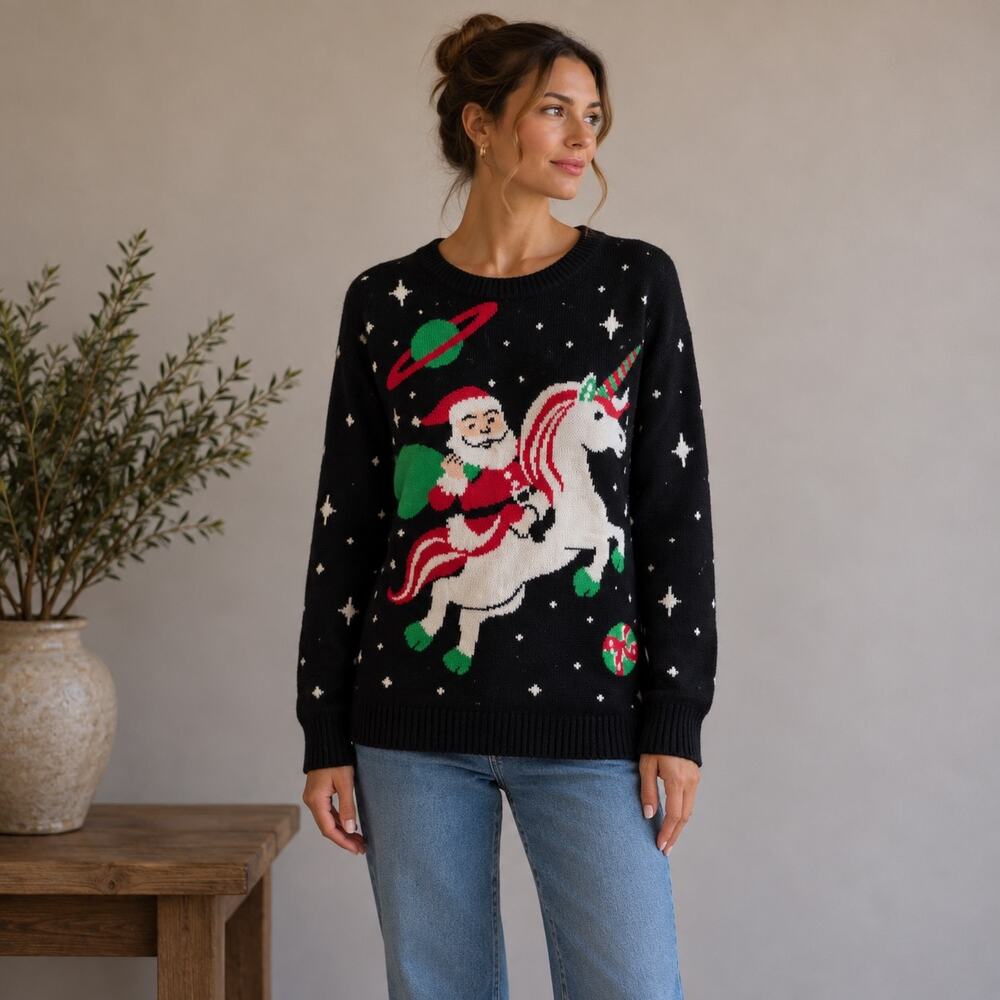 Tipsy Elves Black Santa Unicorn Crew Neck Sweater Small